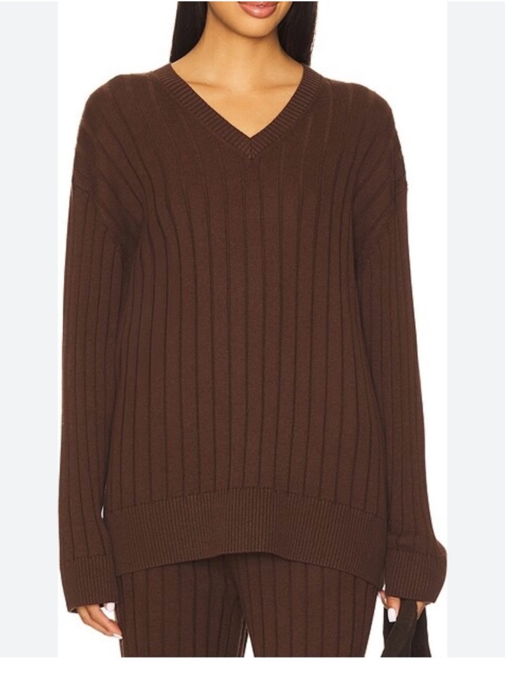 House of Harlow 1960 Ribbed V-Neck Sweater in Brown